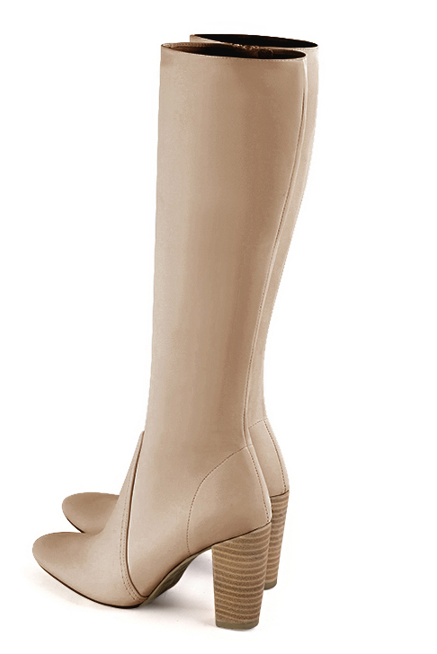 Tan beige women's feminine knee-high boots. Round toe. High block heels. Made to measure. Rear view - Florence KOOIJMAN